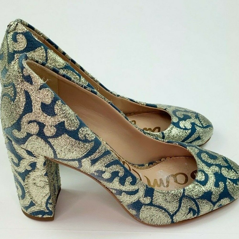 Sam Edelman Stillson Pumps 5.5 Blue Metallic Gold Block Heels - Picture 3 of 8